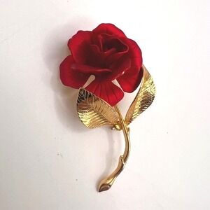 Vintage Cerrito Red Rose Brooch Gold Tone Floral Pin 2.25"